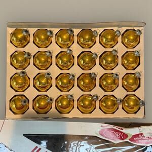 VTG Christmas Ornaments Original Box 60s Glass Coby USA Gold Lot 24 Metal Cap